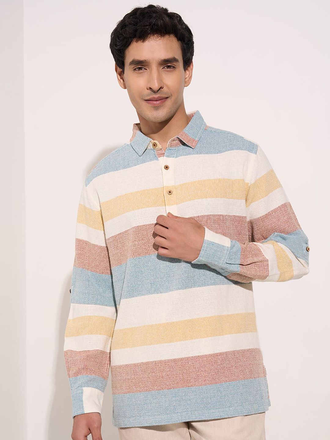 7 Alt by Pantaloons Men Spread Collar Horizontal Striped Cotton Casual Shirt