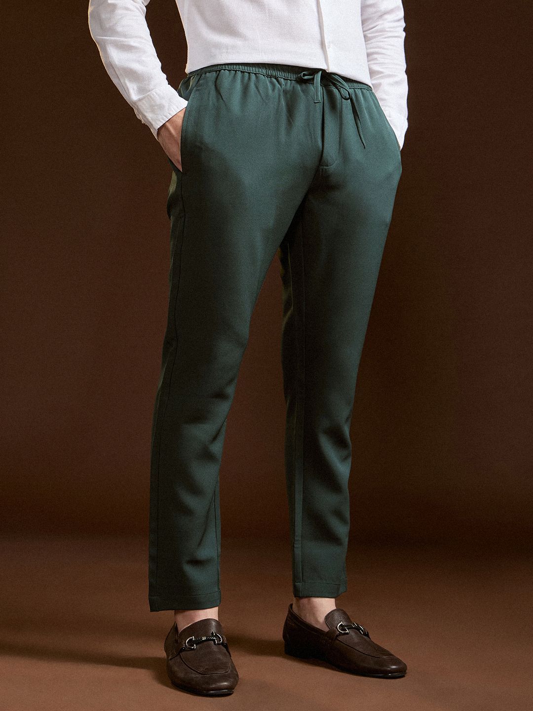 THE BEAR HOUSE Men Solid Slim Fit Formal Trouser with Elastic Waistband