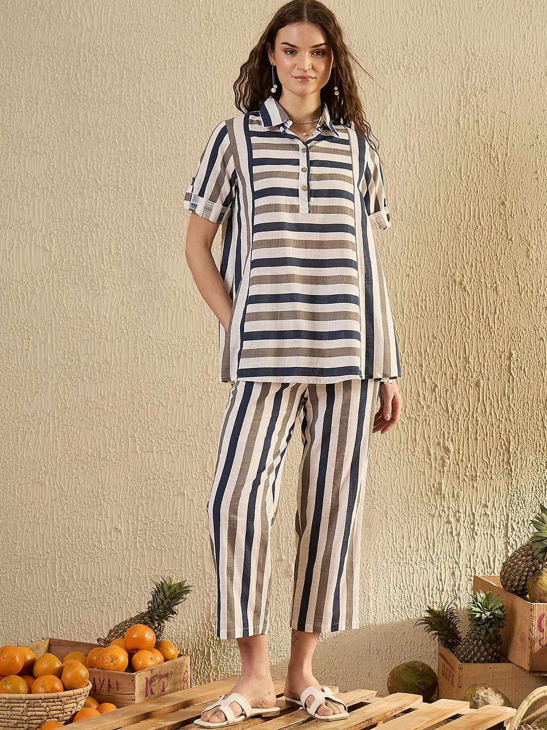 SANSKRUTIHOMES Striped Pure Cotton Tunic & Trouser