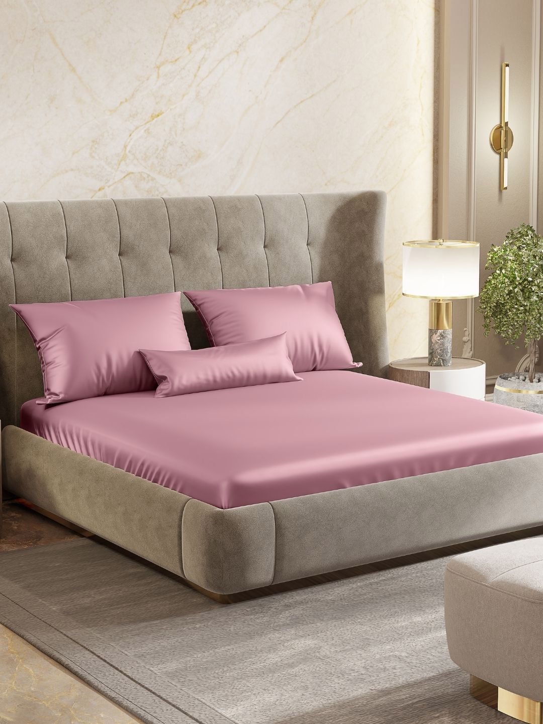 haus & kinder haus & kinder Satin Royale Mauve Poly Satin 300 TC Fitted Super King Fine Bedsheet with 2 Pillow Covers-72 x 78 inches