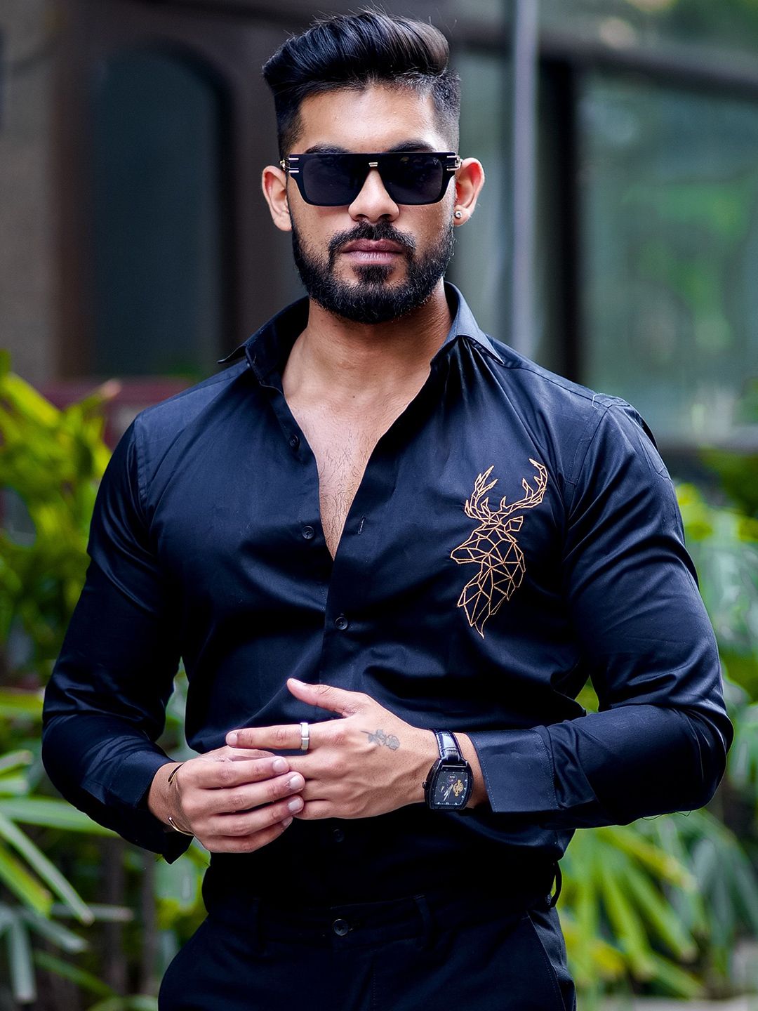Foomer Men Standard Opaque Regular Fit Mandarin Collar Casual Shirt