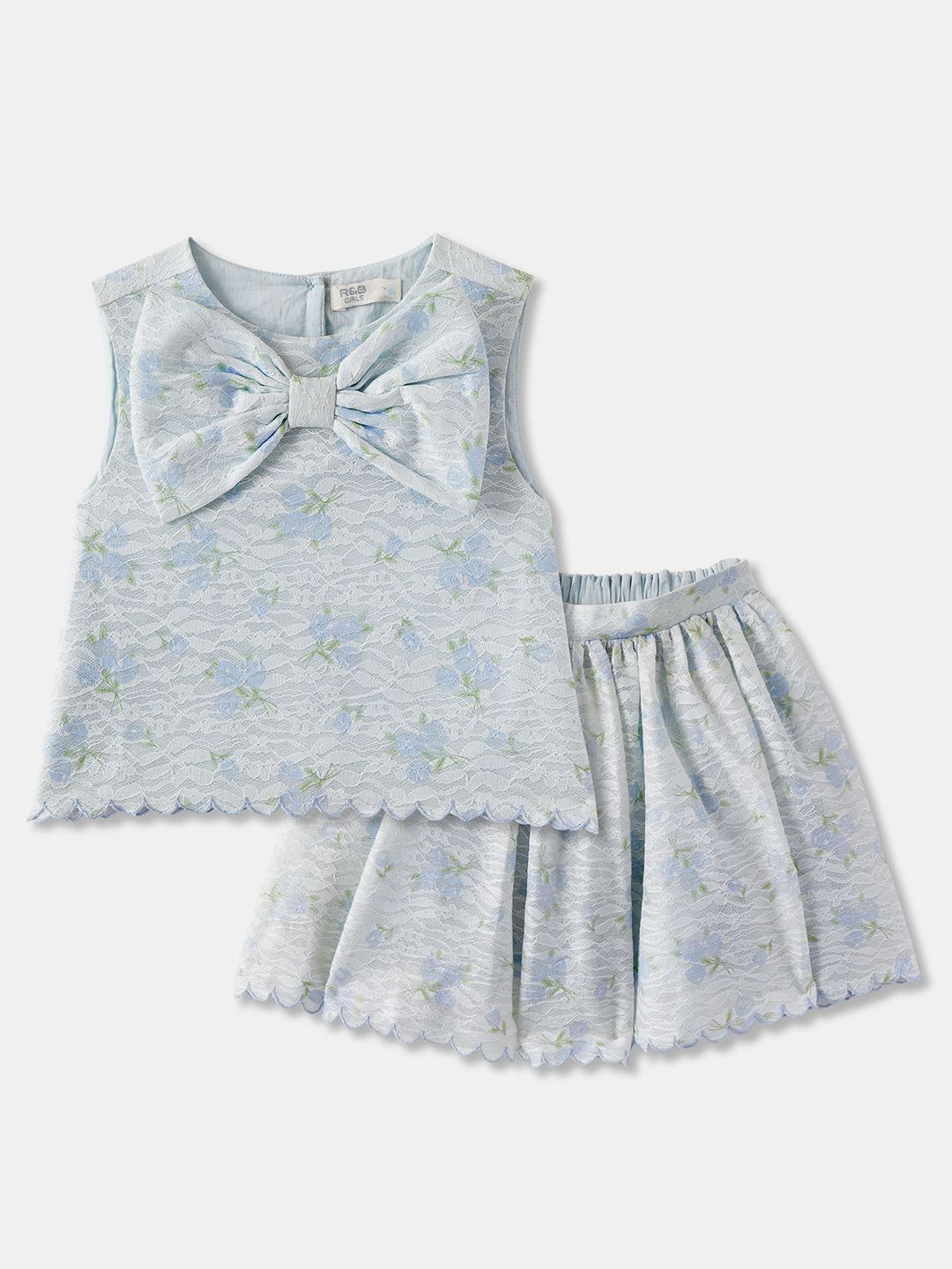 R&B Infants Girls Floral Self Design Bow Top With Skirt