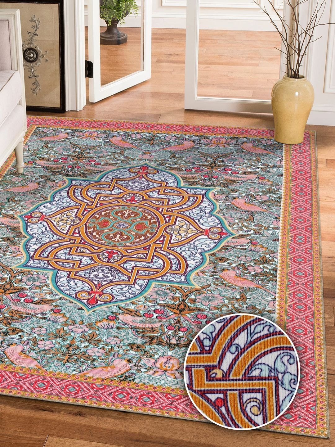 Kaleen India Kaleen India Grey & Yellow Ethnic Motifs Printed Traditional Anti-Skid Carpet