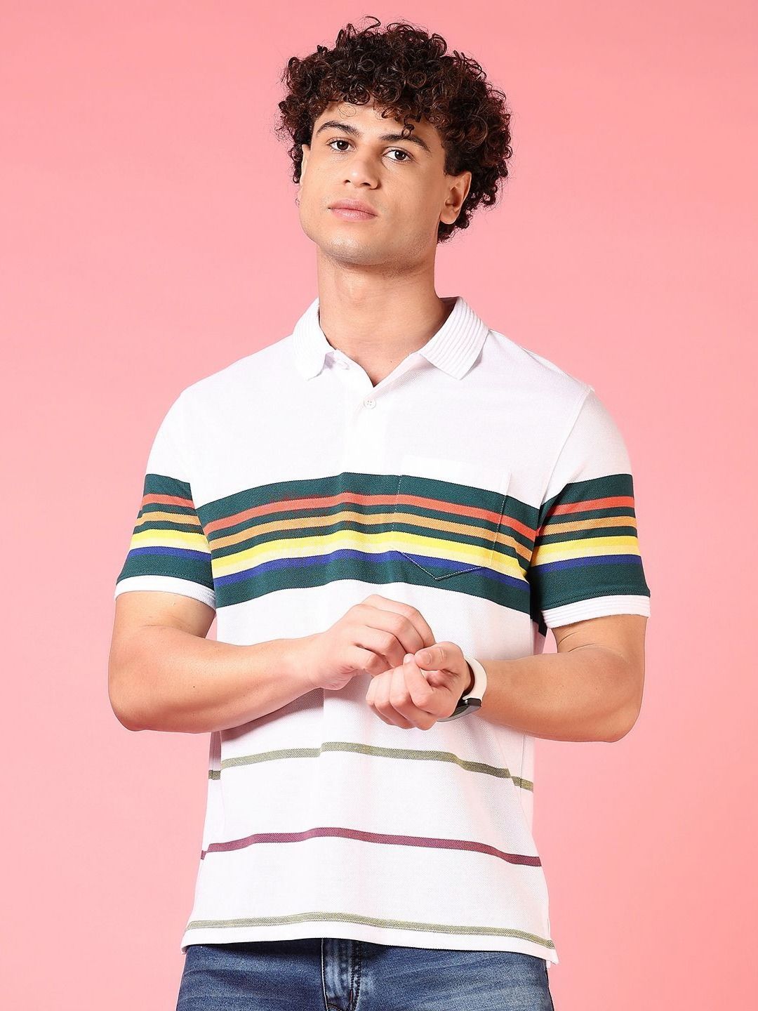 V-Mart Men Striped Polo Collar Cotton T-shirt