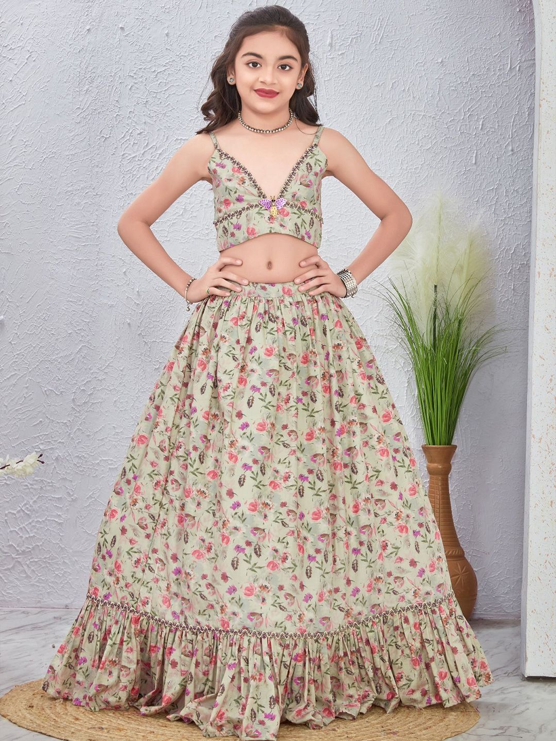 Anneca Girls Printed Beads & Stones Shoulder Straps Ruffles Cotton Ready to Wear Choli