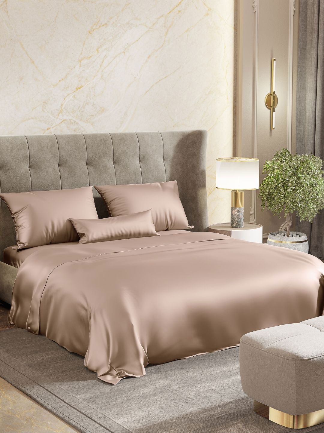 haus & kinder Satin Royale Golden Sand Beige Poly Satin 300 TC Queen Fine Bedsheet with 2 Pillow Covers-108 x 90 inches