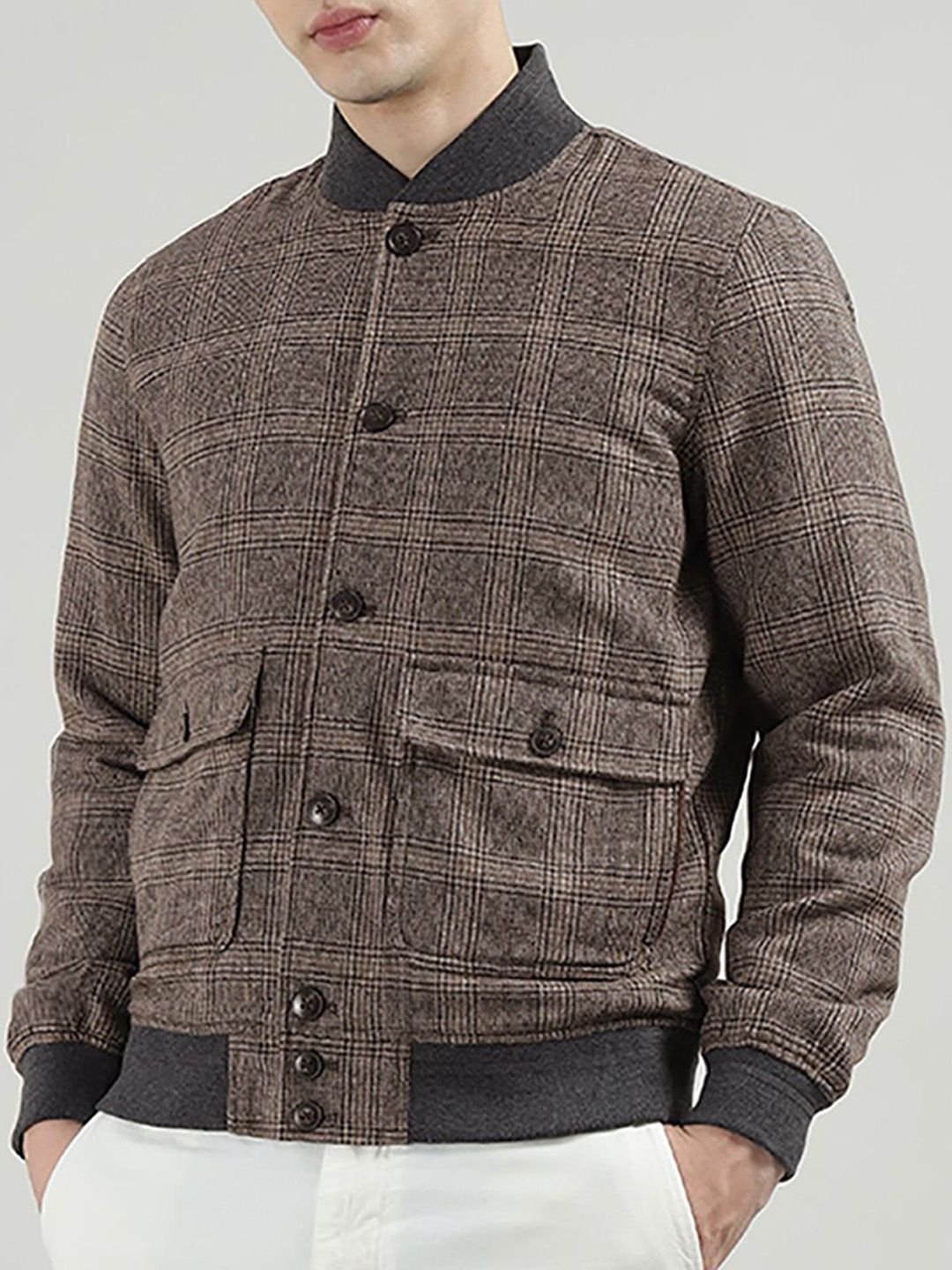 HACKETT LONDON Men Checked Stand Collar Oversized Pockets Bomber Jacket
