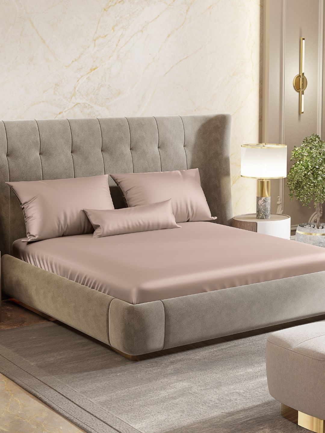 Satin King Bedsheet With 2 Pillow Covers haus & kinder Satin Royale Beige Solid Satin 300 TC Fitted King Fine Bedsheet with 2 Pillow Covers-182 x 198 x 254 cm