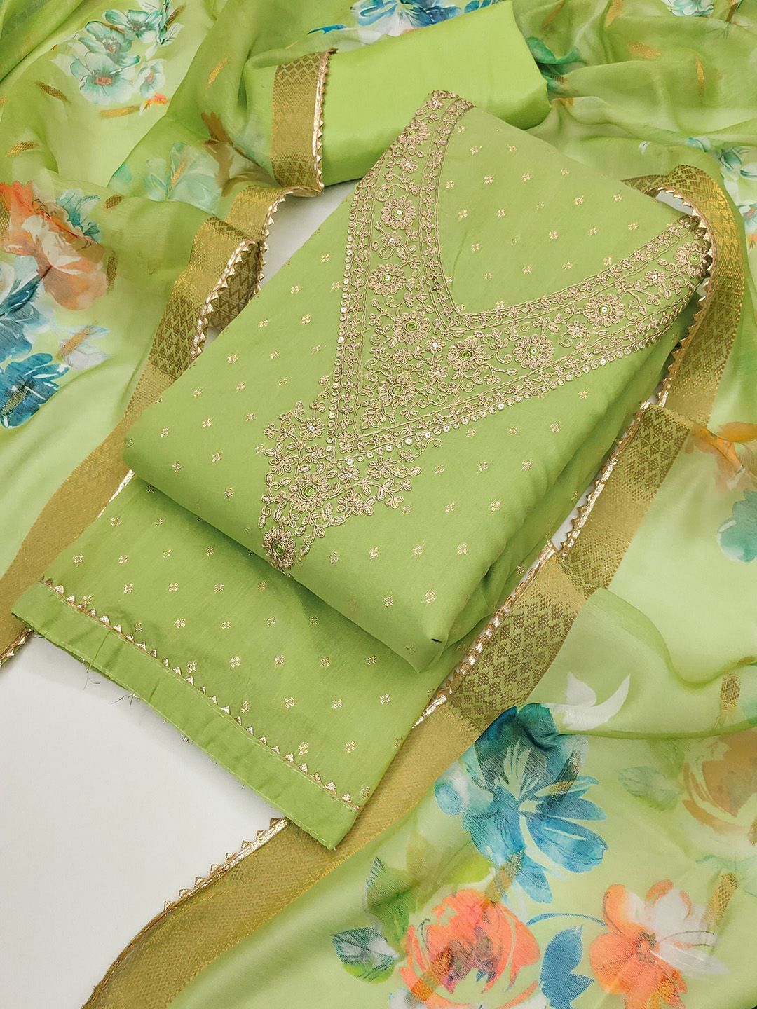 TAVAS Floral Embroidered Sequinned Chanderi Silk Unstitched Dress Material