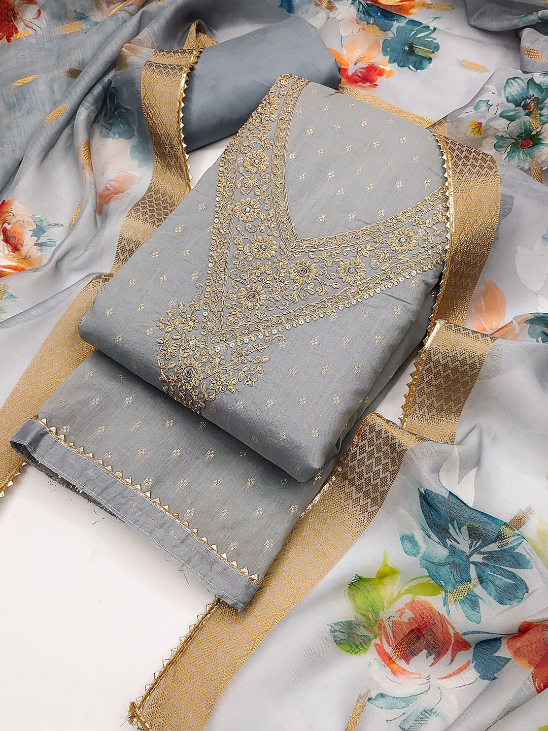 TAVAS Floral Embroidered Sequinned Chanderi Silk Unstitched Dress Material