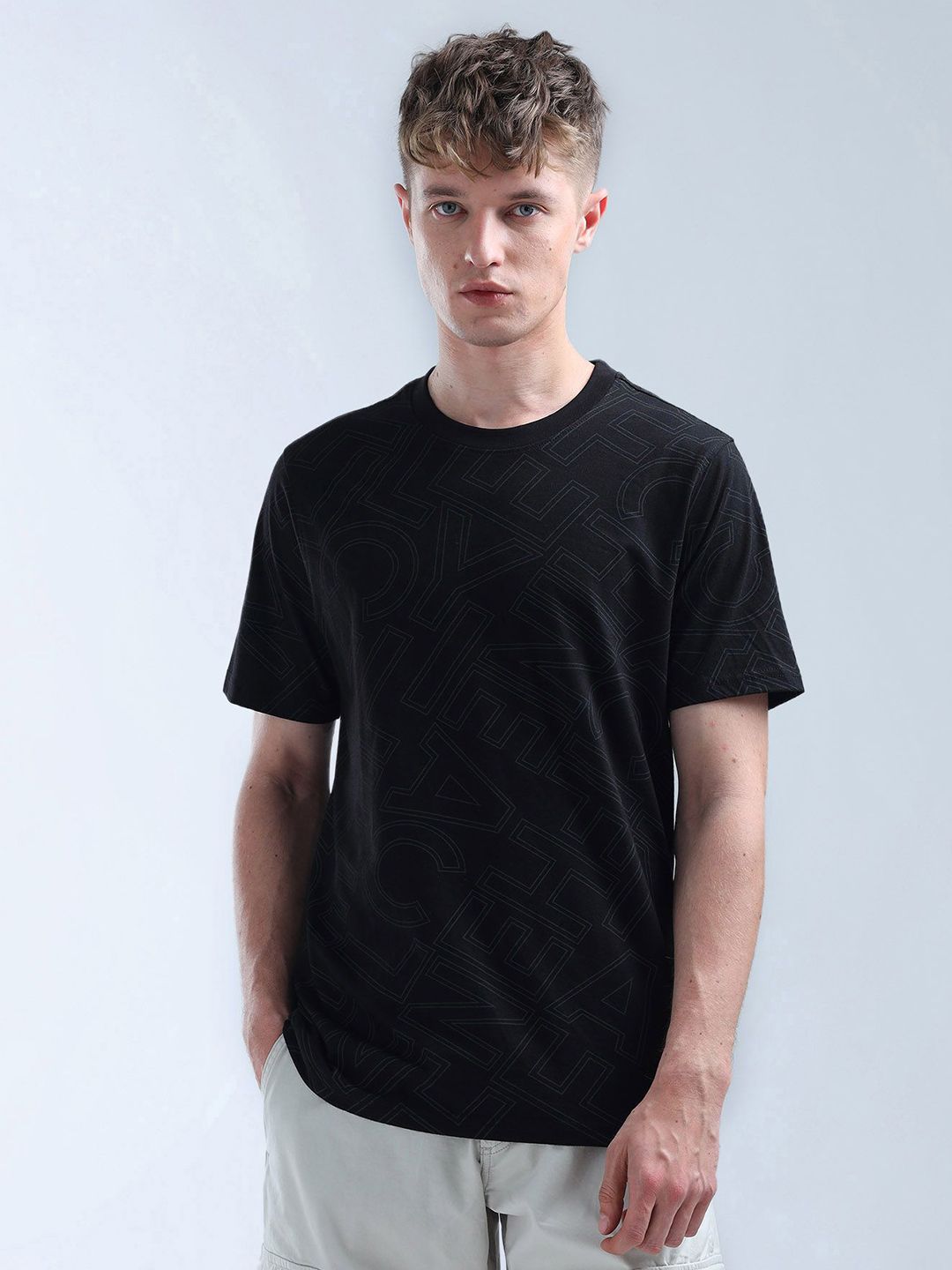Flying Machine Men Typography Printed Round Neck Cotton T-shirt