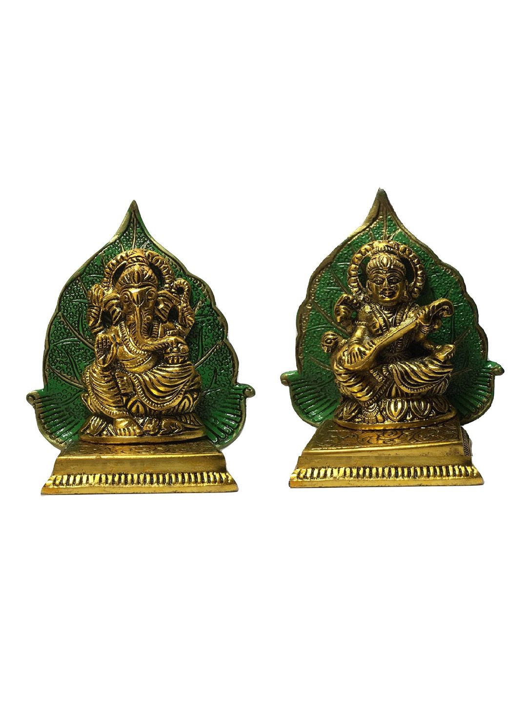 CRAFTAM Green and Gold-Toned Laxmi Ganesh Metal Religious Idol Showpiece