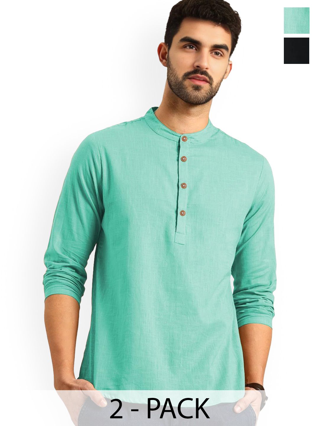 Vida Loca Selection Of 2 Cotton Band Collar Slim Fit Straight Short Kurta