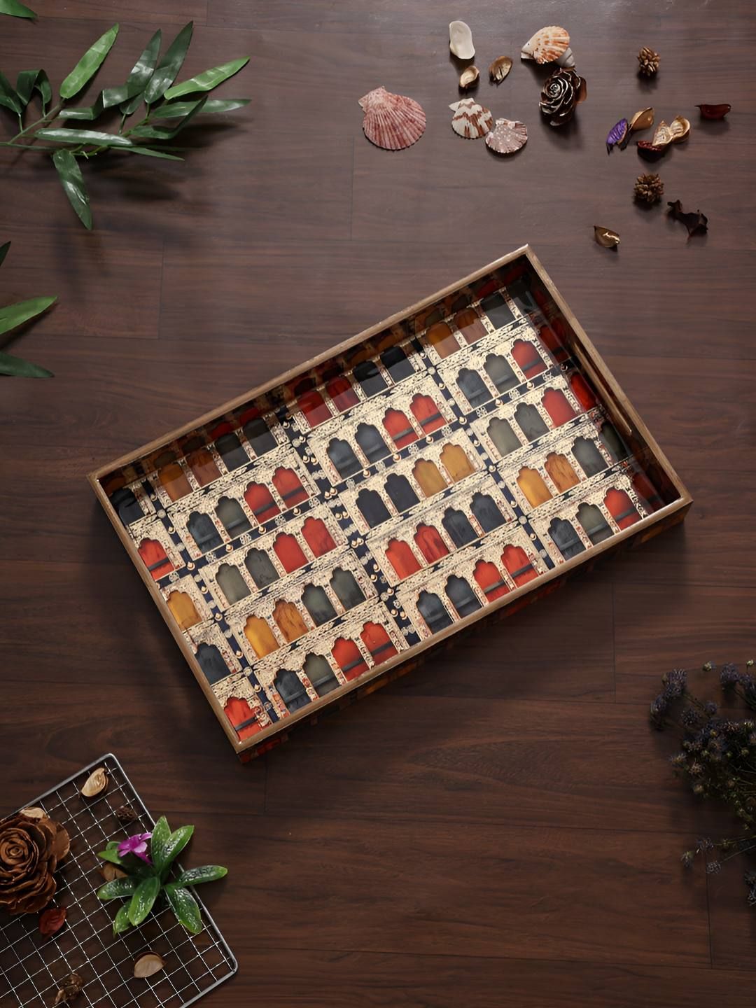 HomeShastra Jharokha Red & White Printed Wooden Rectangle Serving Tray