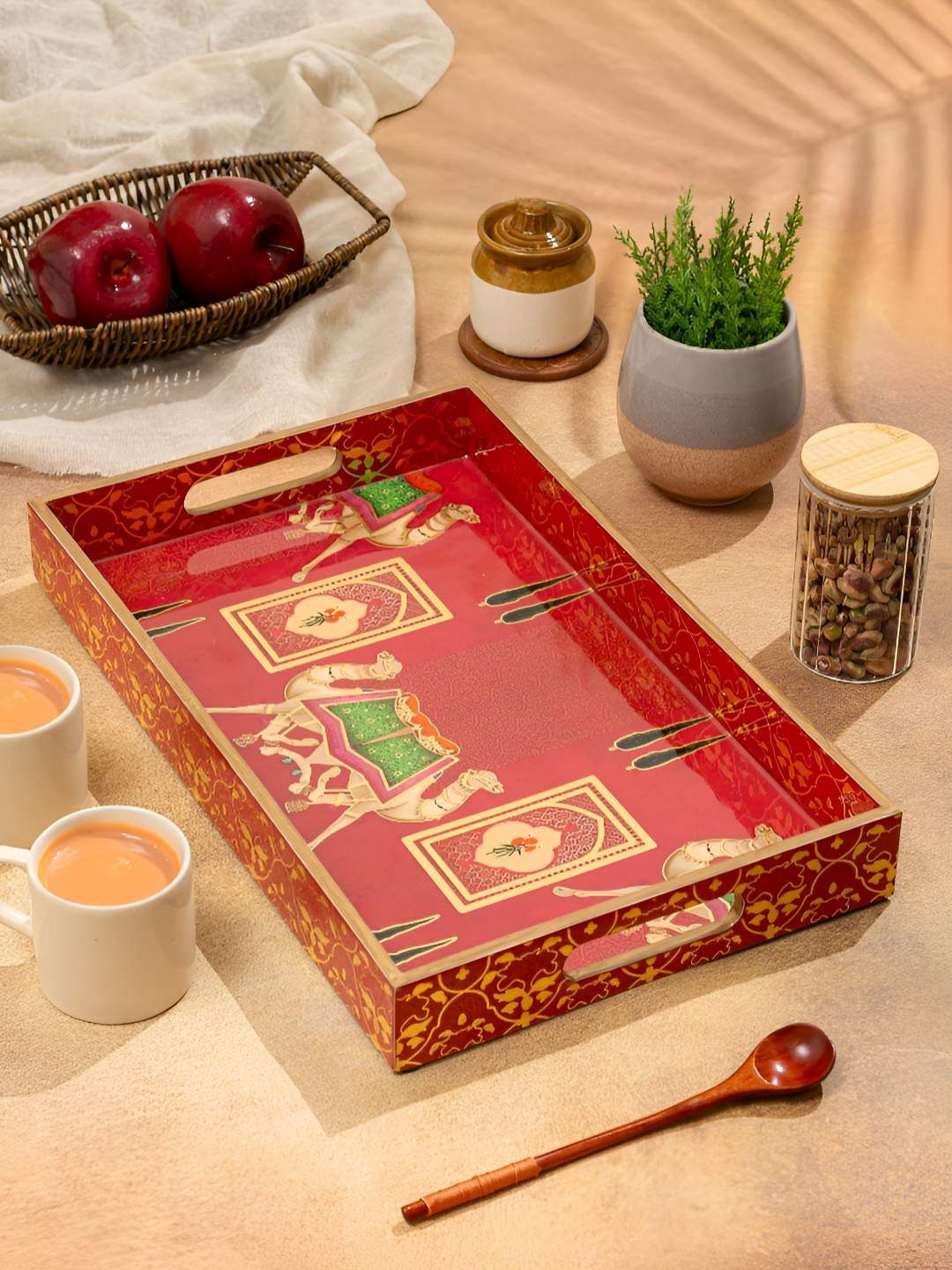 HomeShastra Red & Green Ethnic Motifs Printed Wooden Serving Tray