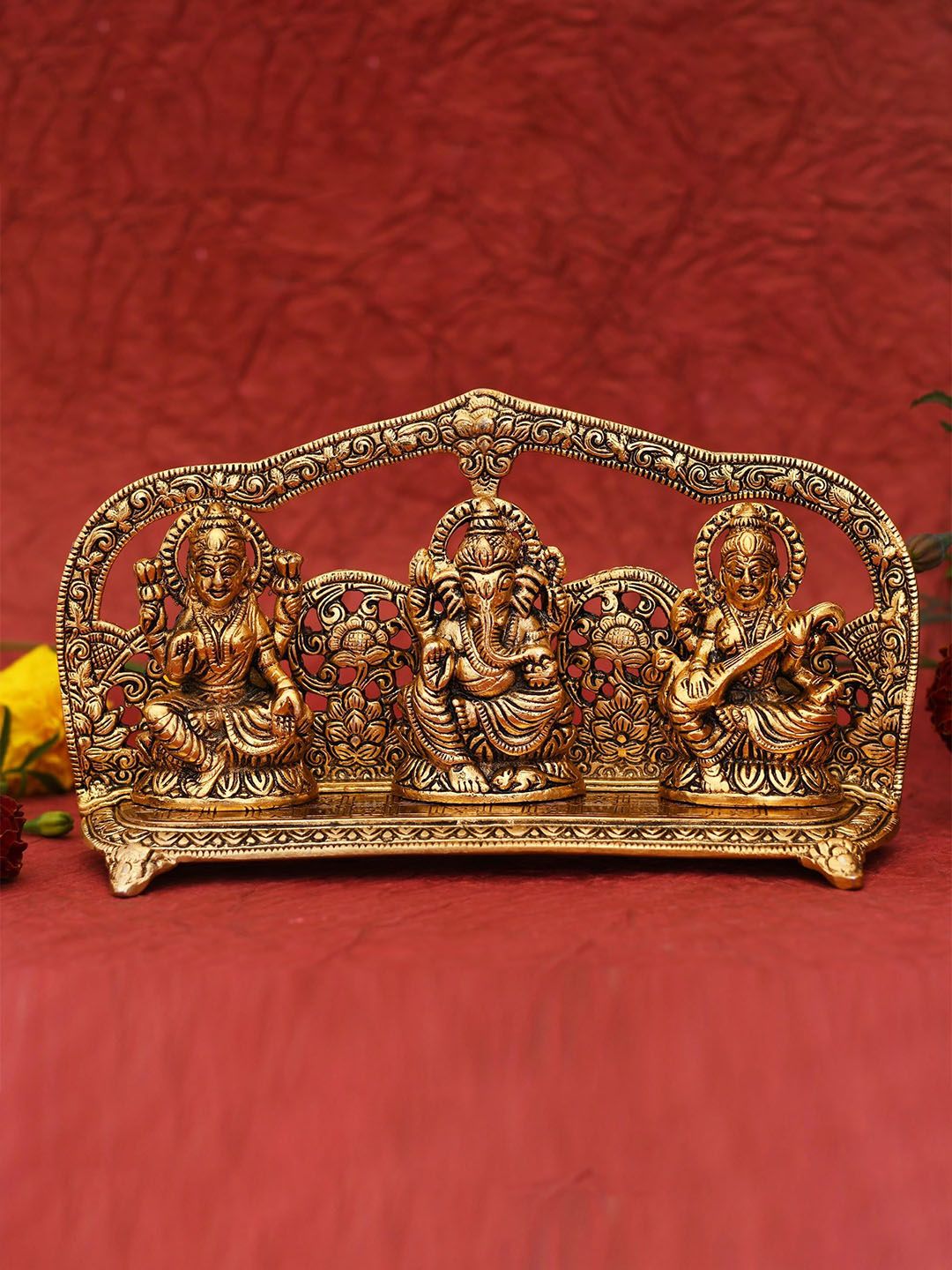 CRAFTAM Gold-Toned and Black Laxmi Ganesh Saraswati Darbar Metal Religious Idol Showpiece