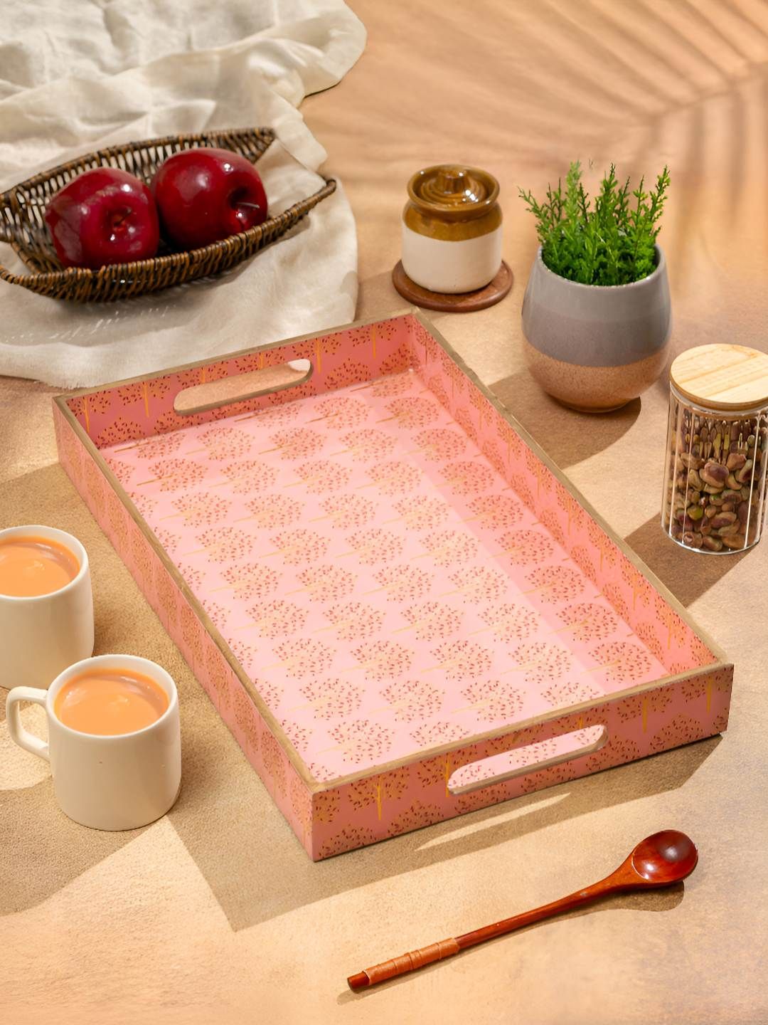 HomeShastra Pink & Yellow Tree Floral Printed Wooden Serving Tray