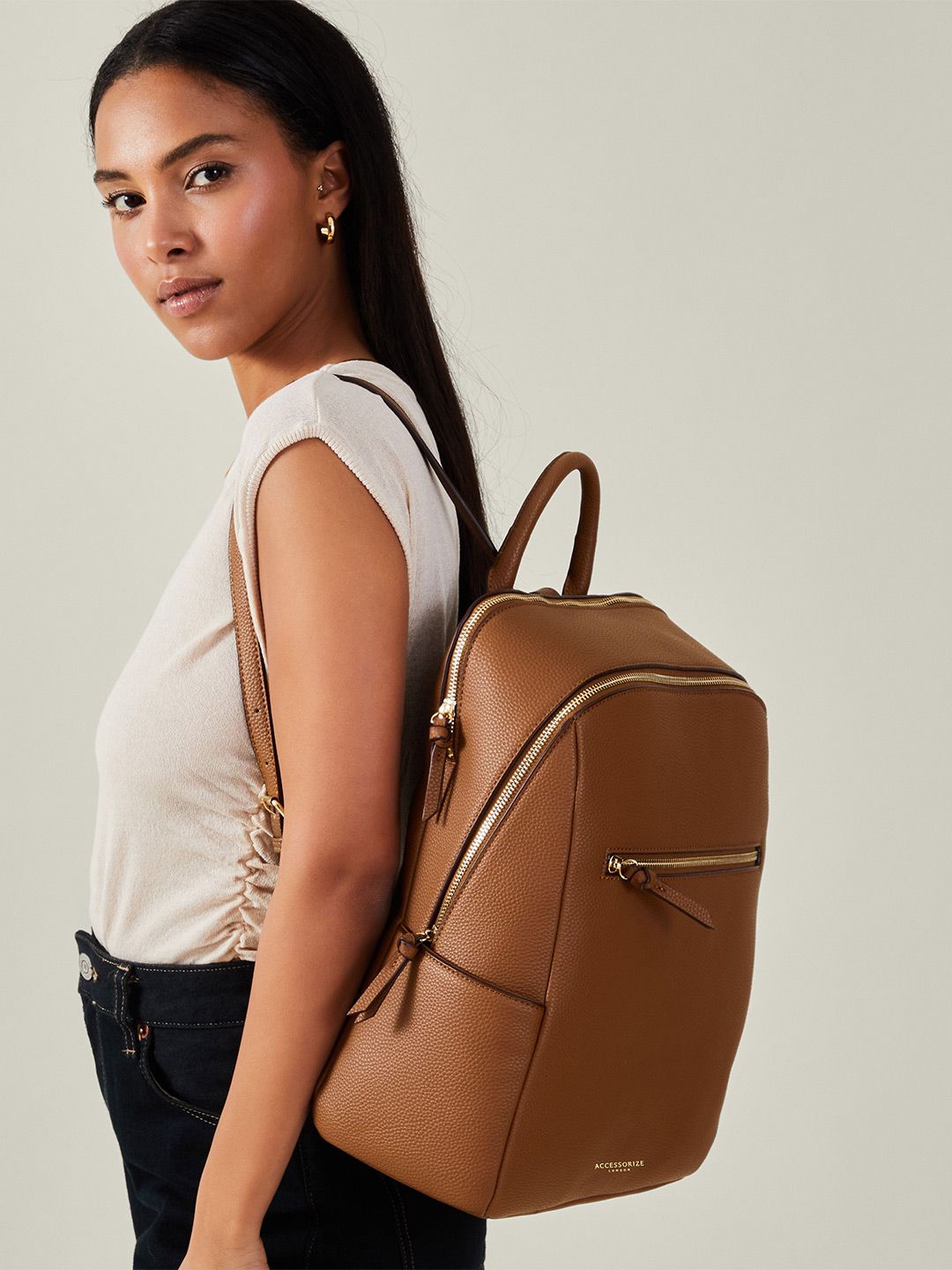 camel leather school backpack Sloan - Slim Design - Built-In Sleeve Fits 13” To 15