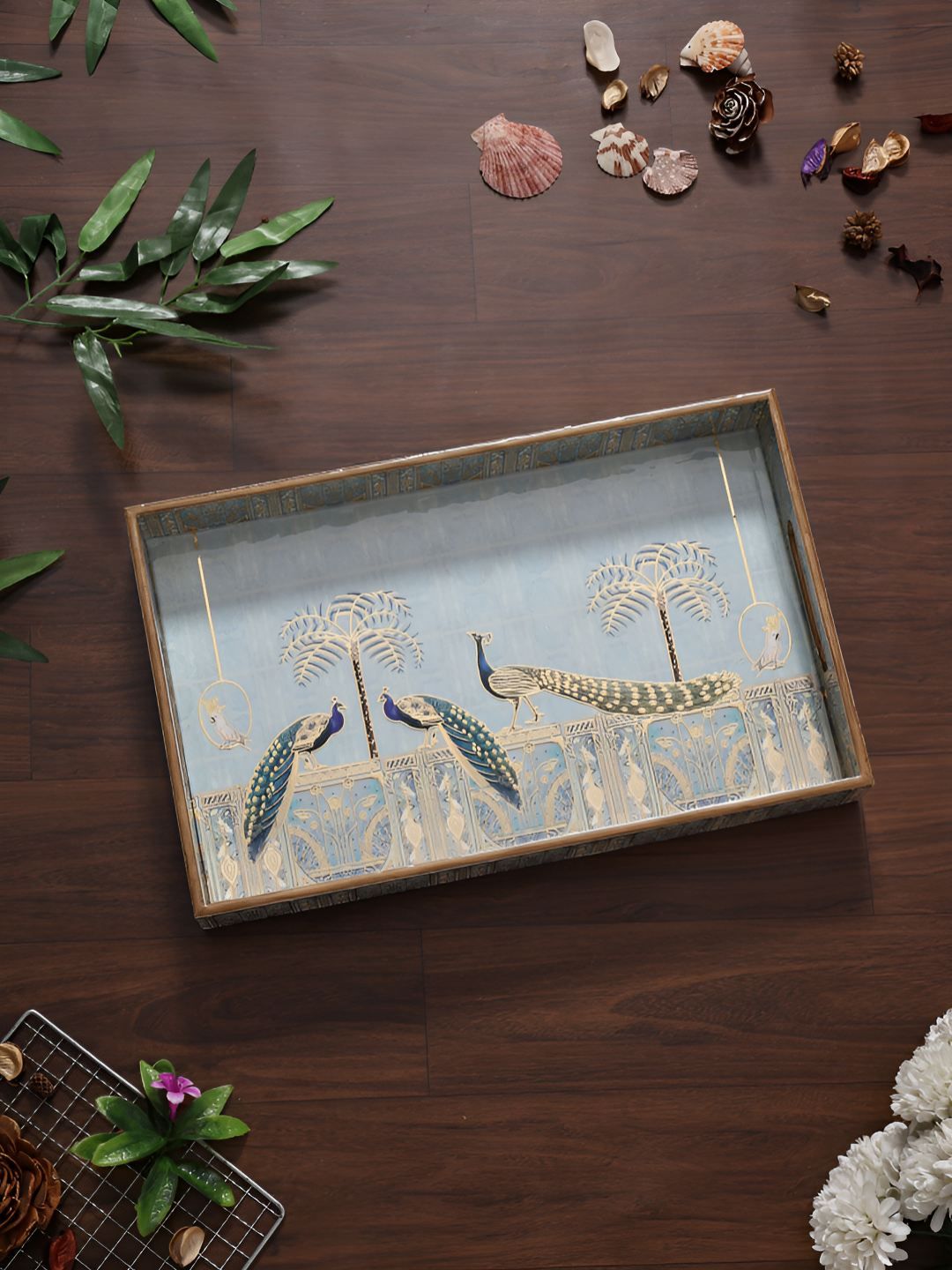 HomeShastra Blue & Brown Peacock Printed Wooden Rectangle Serving Tray