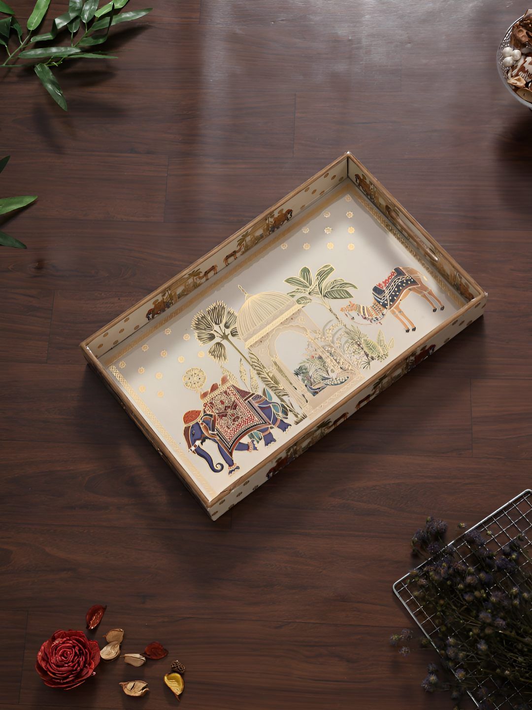 HomeShastra Brown & Green Camel Ethnic Motifs Printed Wooden Serving Tray