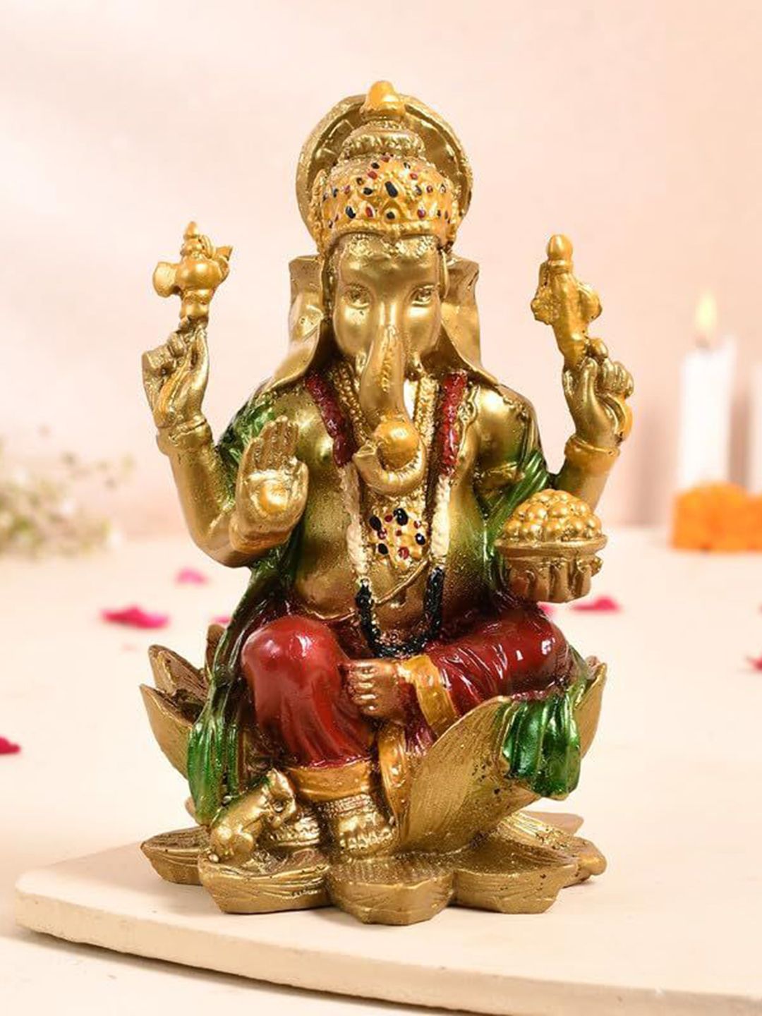 CRAFTAM Gold-Toned and Red Ganesh ji Murti Religious Idol Showpiece