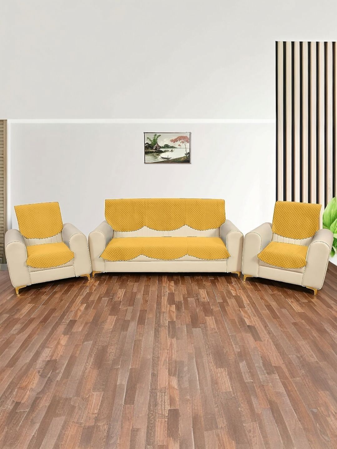 BIGGER FISH BIGGER FISH Yellow Geometric Velvet Quilted 6PC Straight 5 Seater Sofa Cover-22x83In