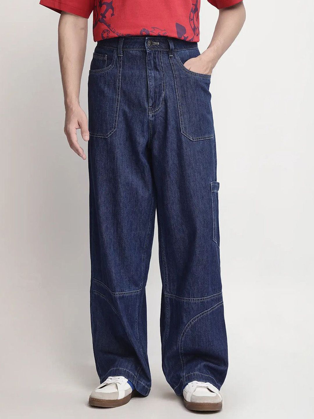 Men Onyx Jeans RARE RABBIT Mens Blue Plain Baggy Fit Mid Rise Casual Jeans