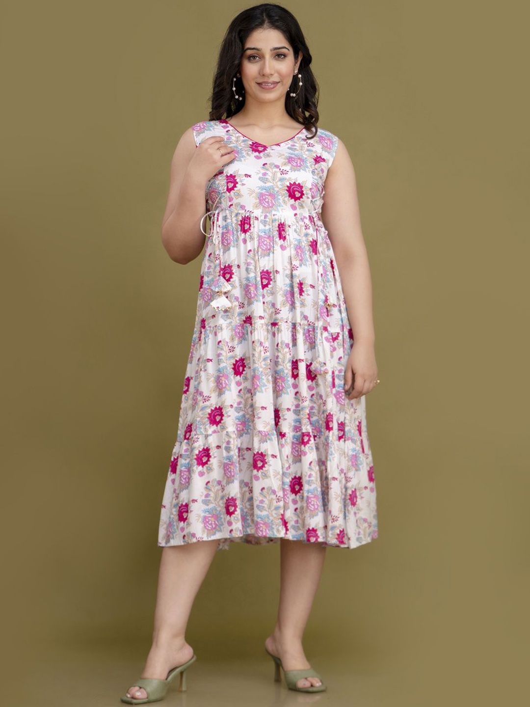 Buy Demirner Floral Printed Cotton Tiered Fit & Flare Midi Dress
