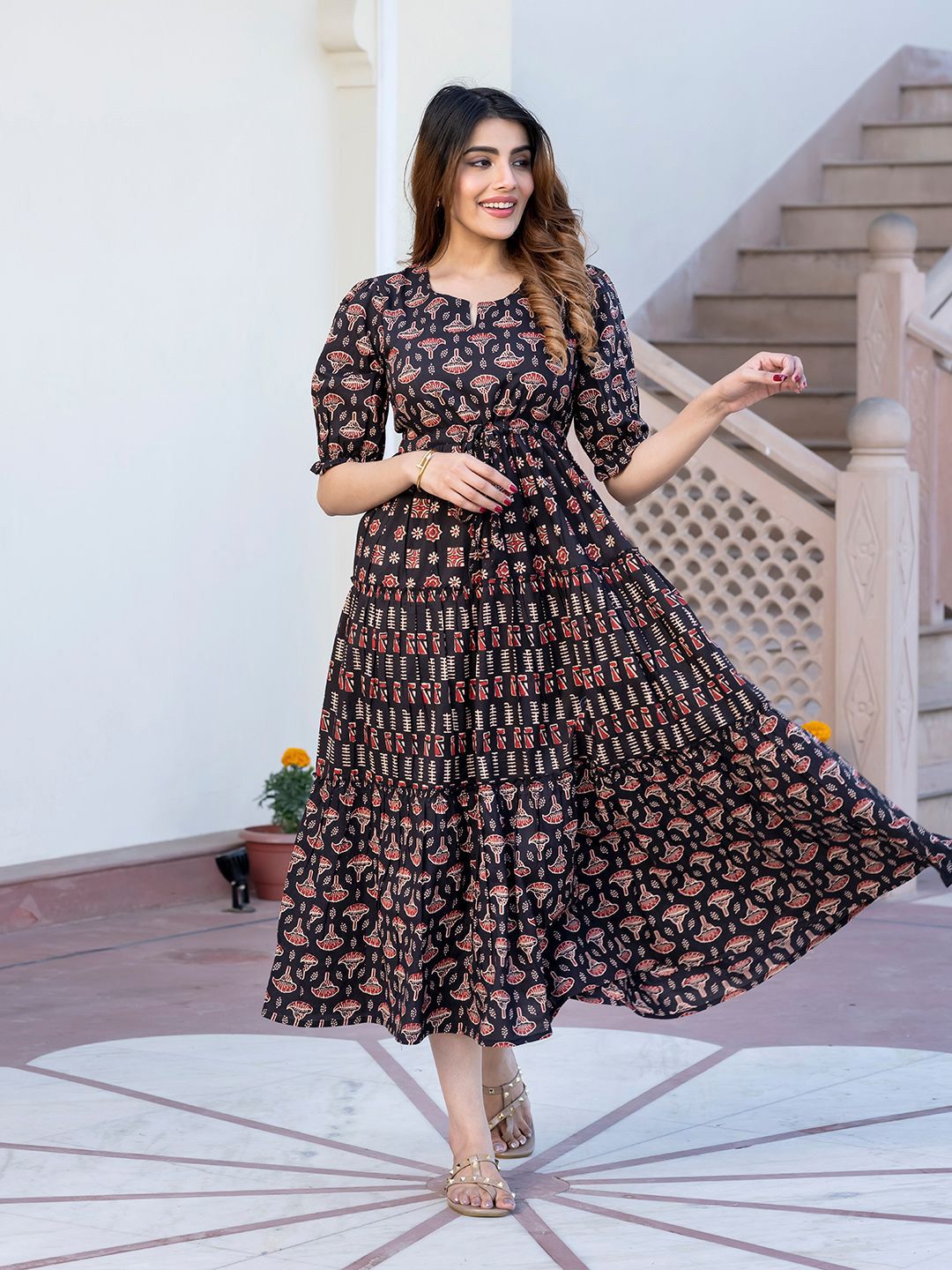 KALINI Ethnic Motifs Printed Cotton Fit & Flare Midi Dress