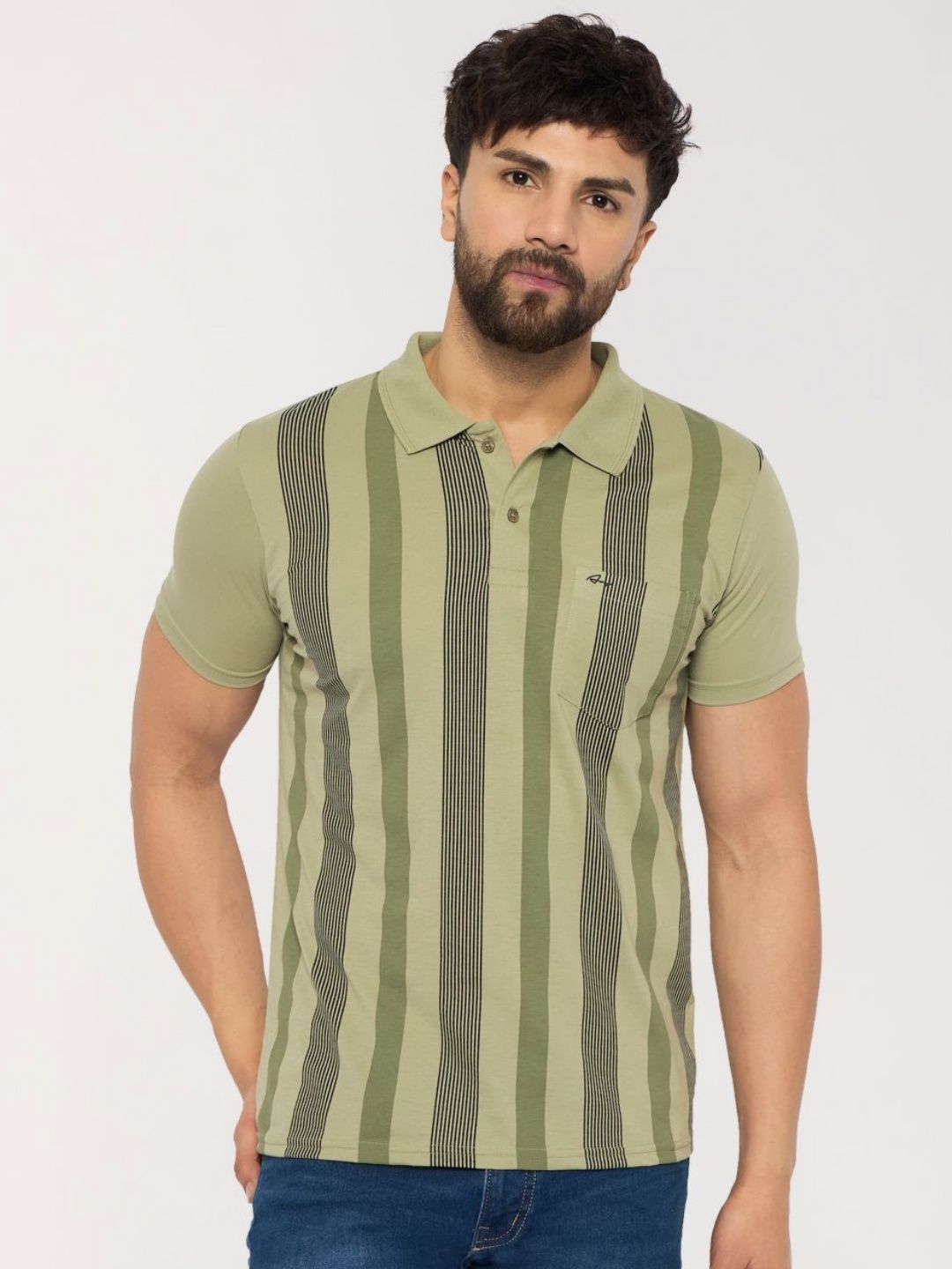 ARRAY Men Striped Polo Collar Cotton Slim Fit T-shirt