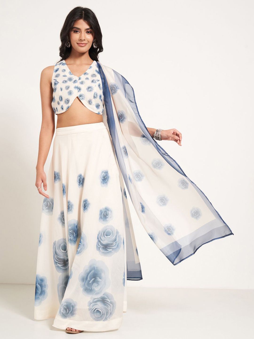 RANGMANCH BY PANTALOONS Floral Printed V-Neck Lehenga With Choli & Dupatta