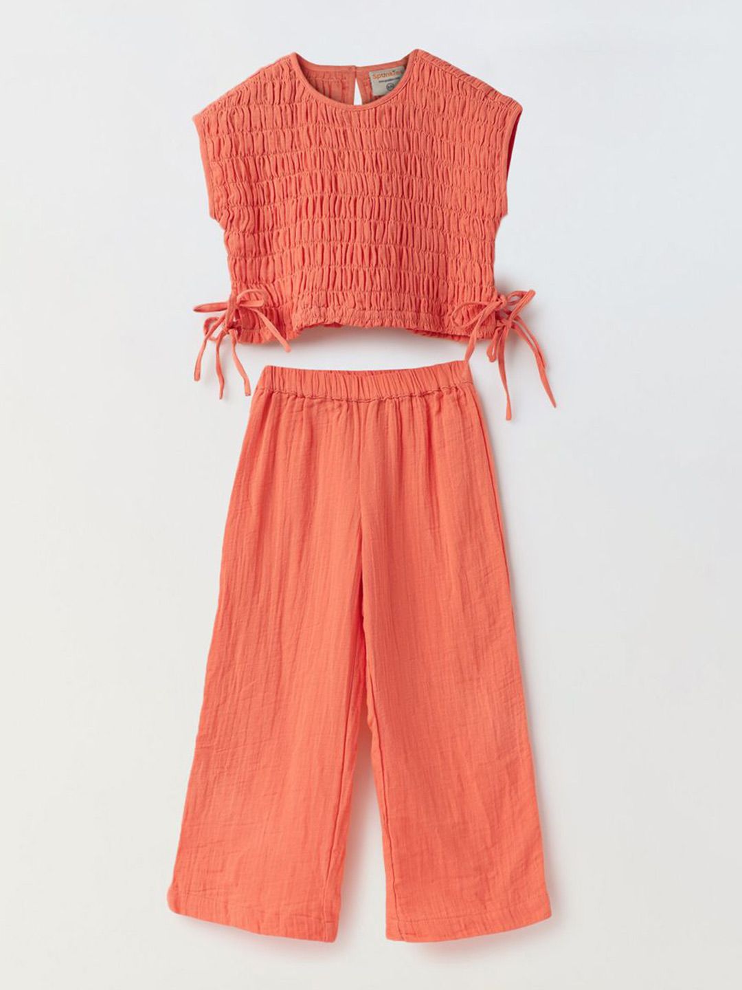 SPUNKIES Girls Pure Cotton Side Tie-Ups Smocked Top with Trousers