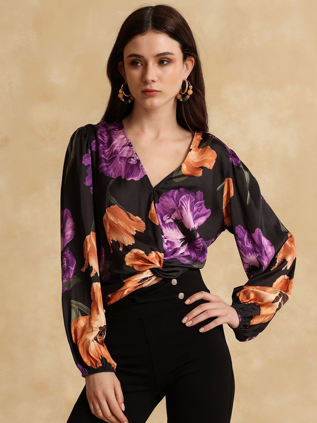 Women Floral Printed Satin Top Kazo Kylo Women V-Neck Floral Printed Satin Top
