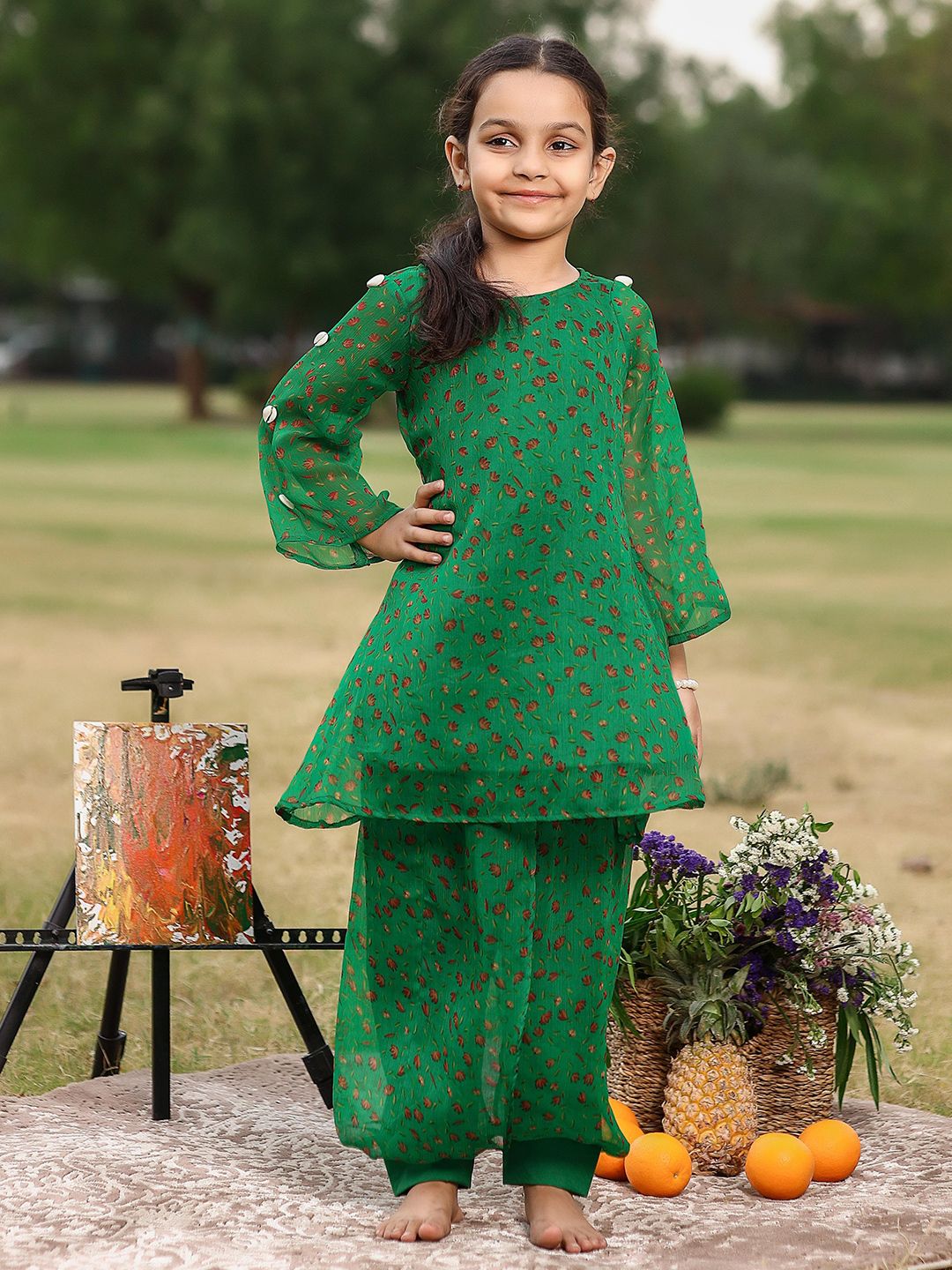 Thread & Button Girls Floral Printed Regular Silk Chiffon Kurta with Trousers