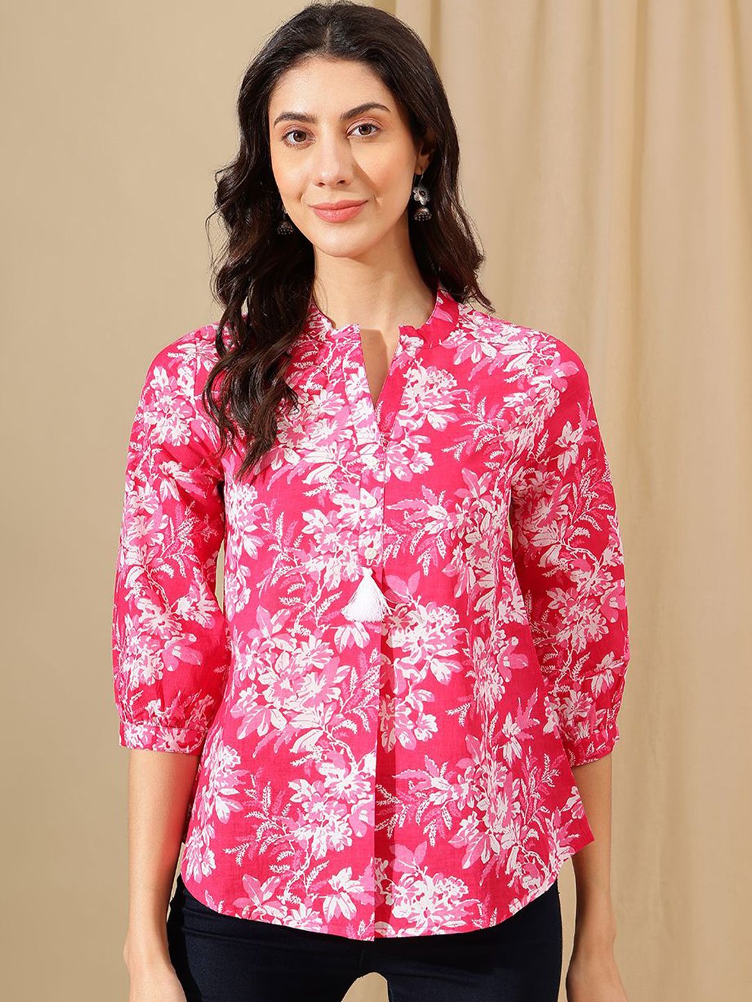 Buy KALINI Floral Print Mandarin Collar Cotton Top - Tops for