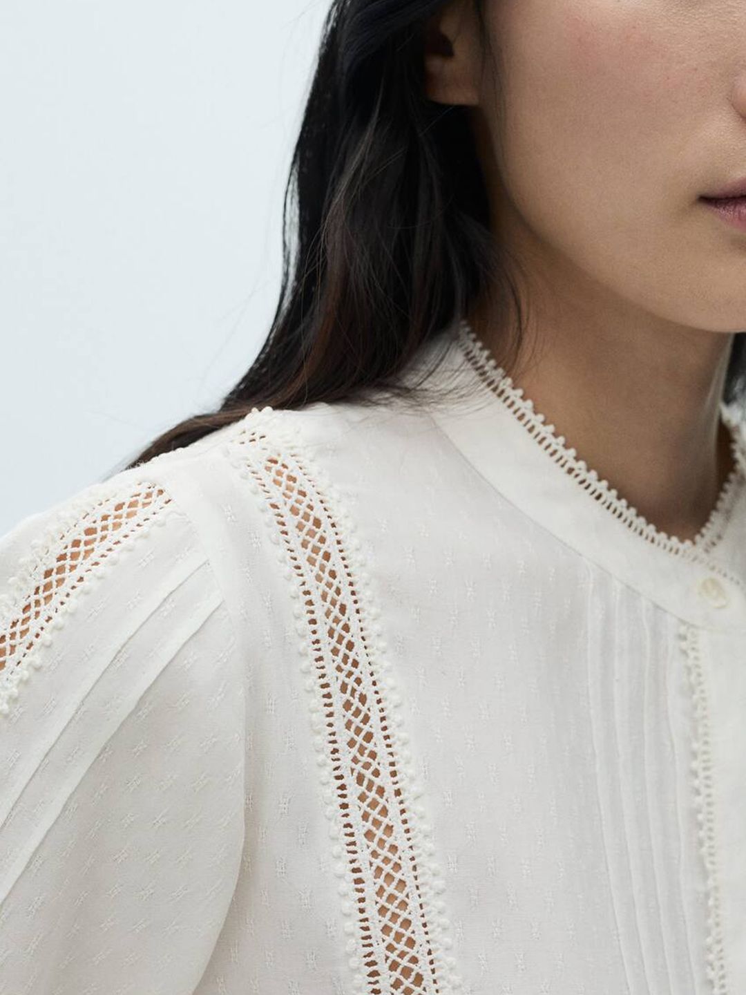 Self-Design Pleated Lace Inserts Shirt Style Top