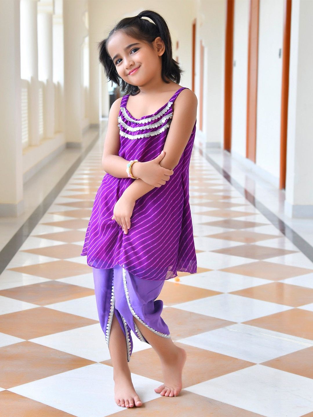 Thread & Button Girls Dory Purple Kurta With Dhoti Set