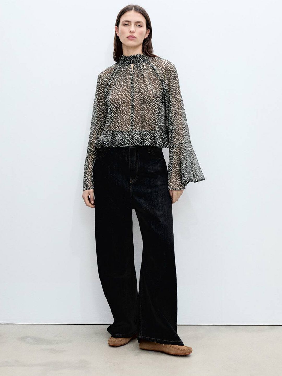 Floral Print Bell Sleeves Sheer Top
