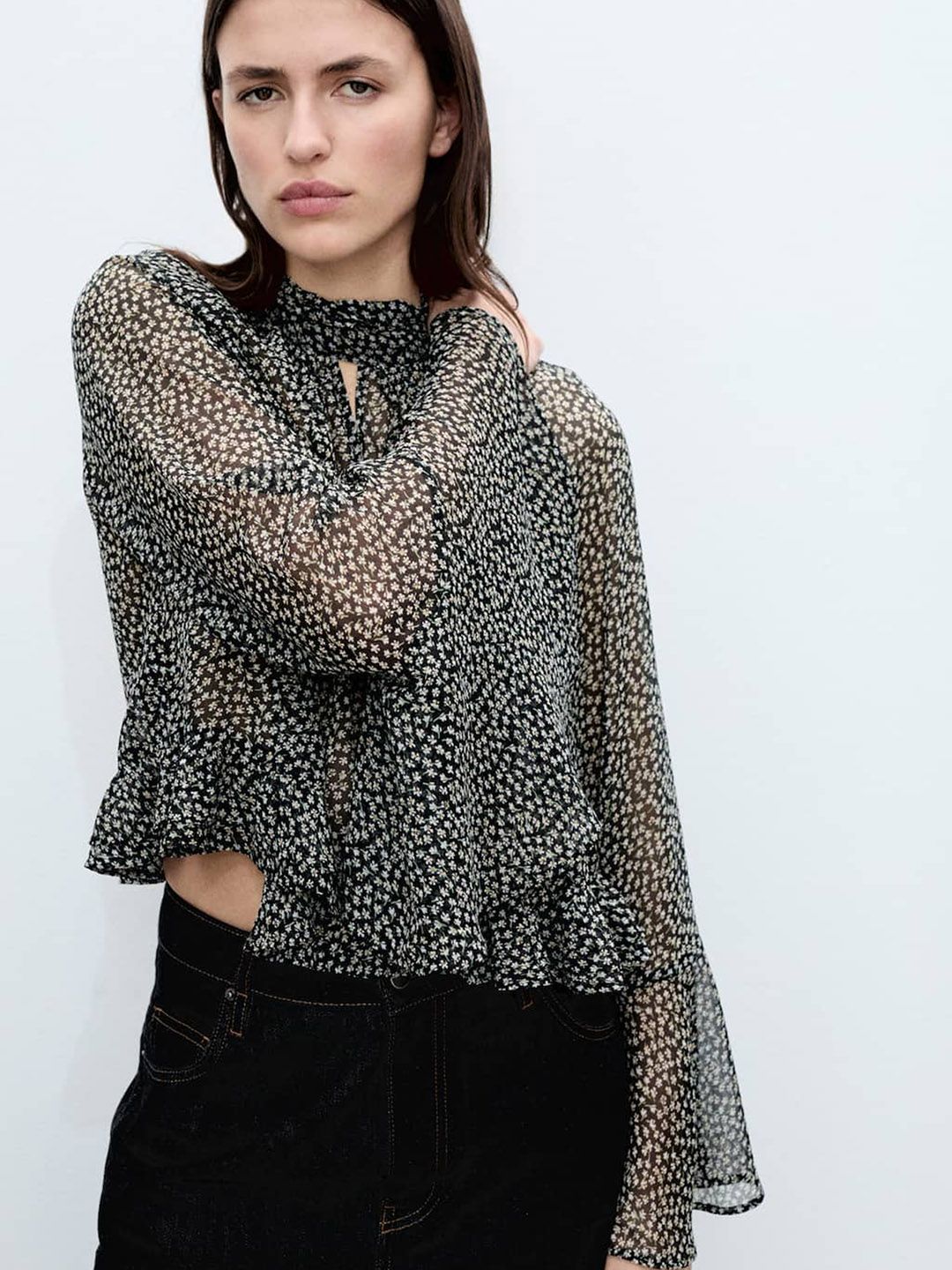 Floral Print Bell Sleeves Sheer Top
