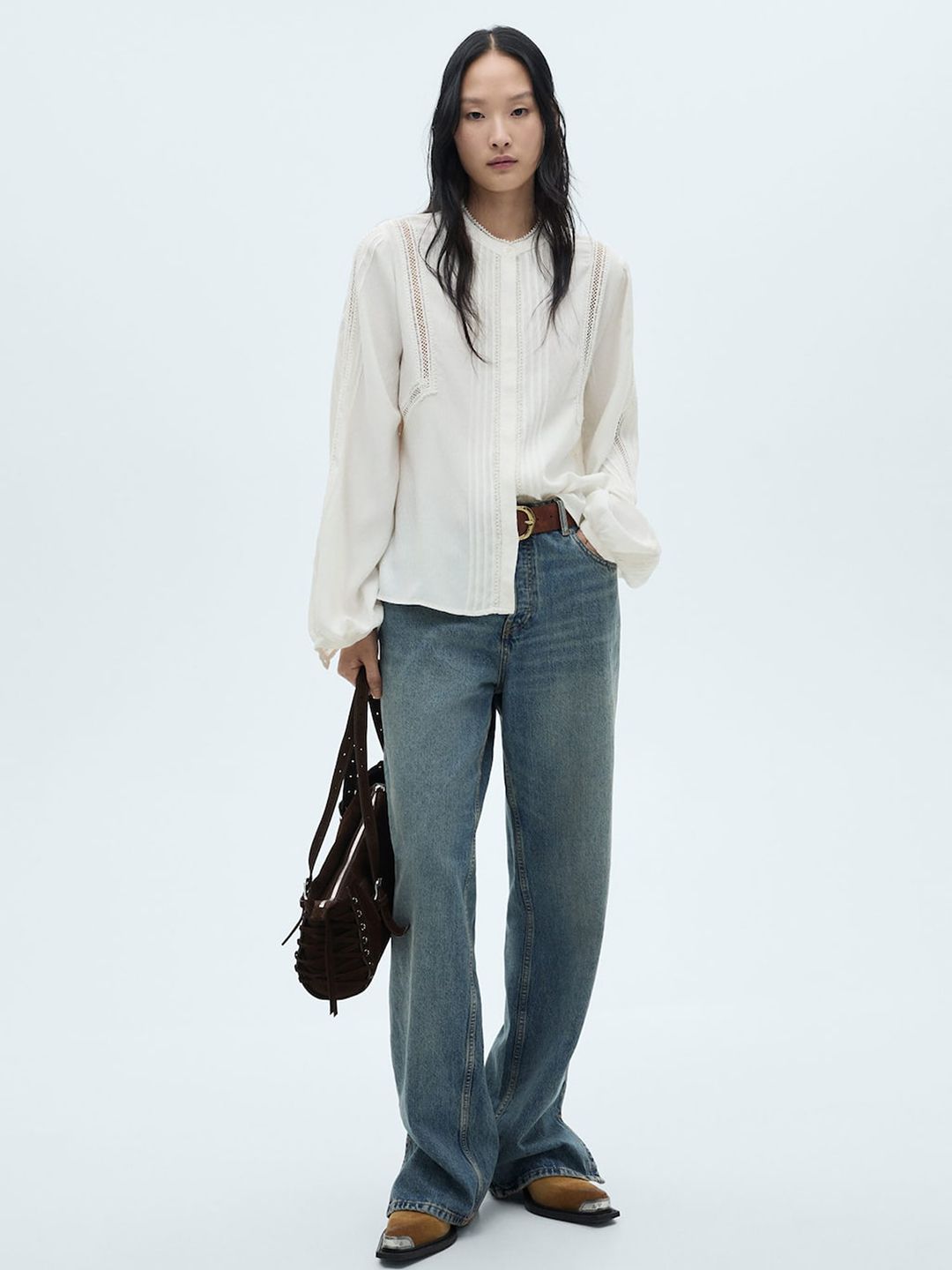 Self-Design Pleated Lace Inserts Shirt Style Top