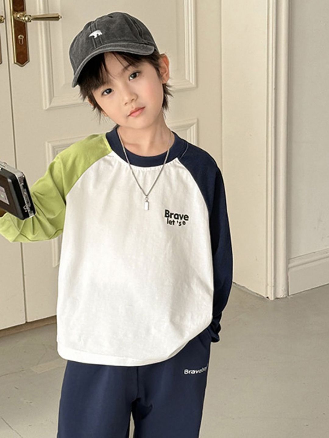 LULU & SKY Girls Colourblocked Round Neck Cotton Relaxed Fit T-shirt
