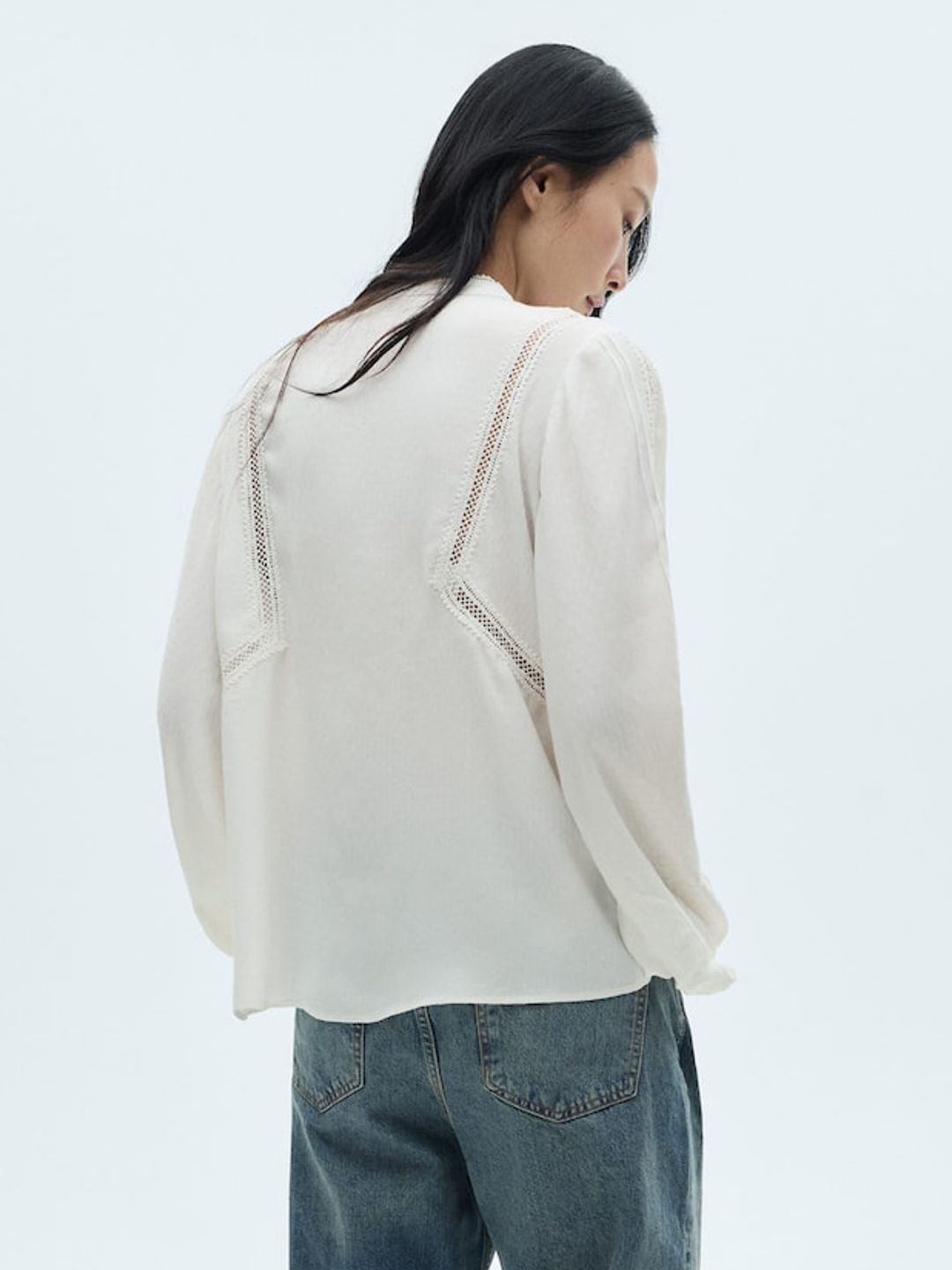 Self-Design Pleated Lace Inserts Shirt Style Top