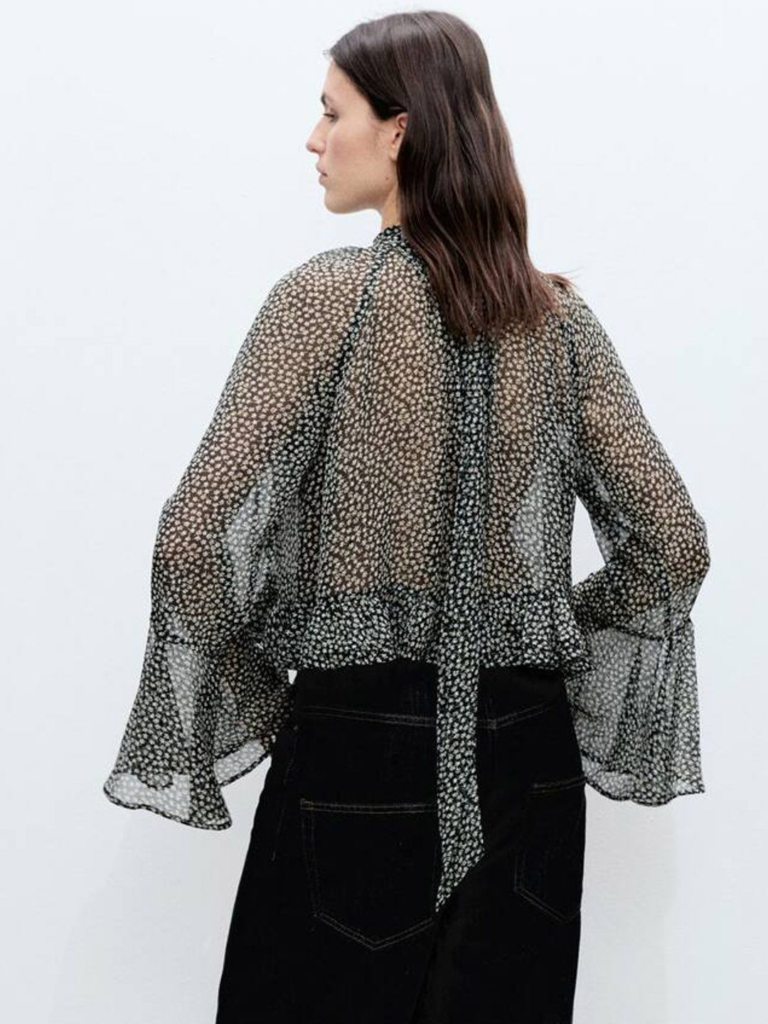 Floral Print Bell Sleeves Sheer Top