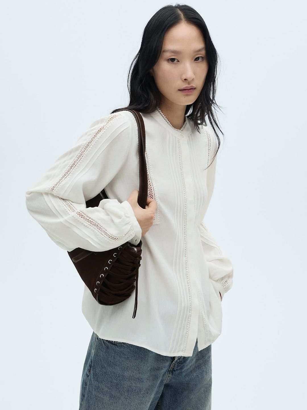 Self-Design Pleated Lace Inserts Shirt Style Top