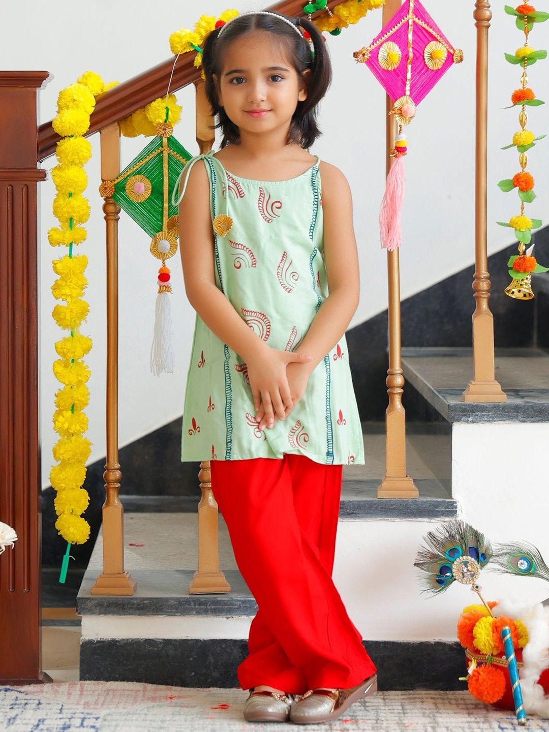 Thread & Button Girls  Gulf Green Dhoti Set