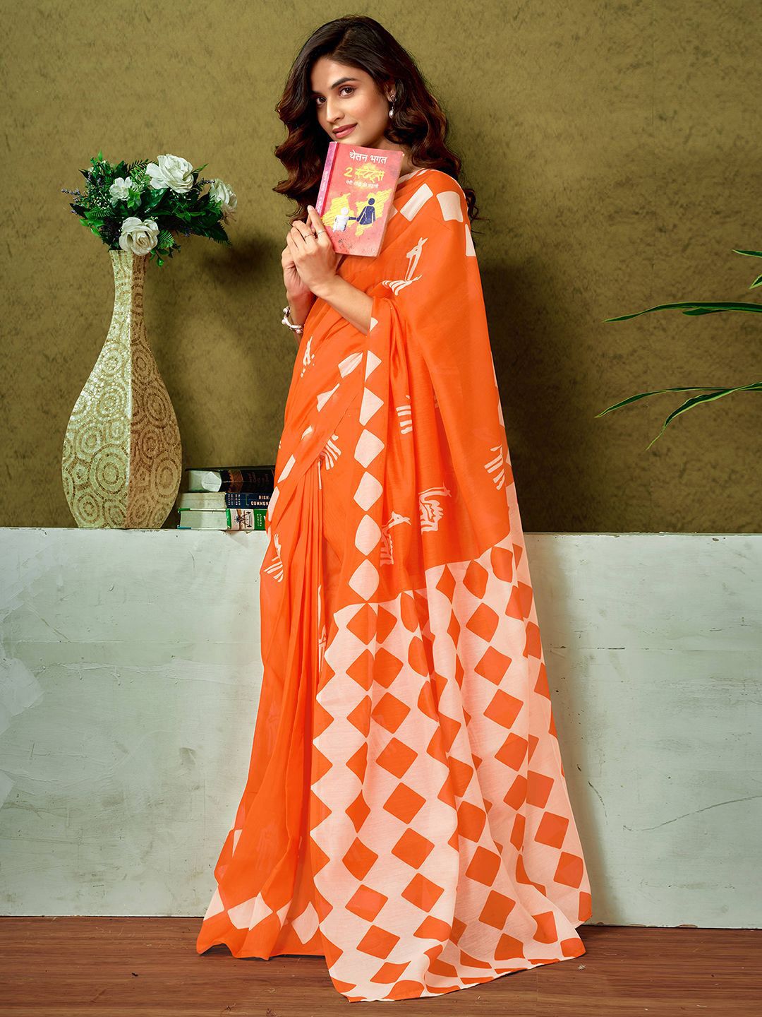 Sangria Ethnic Motifs Printed Ready To Wear Saree With Unstitched Blouse