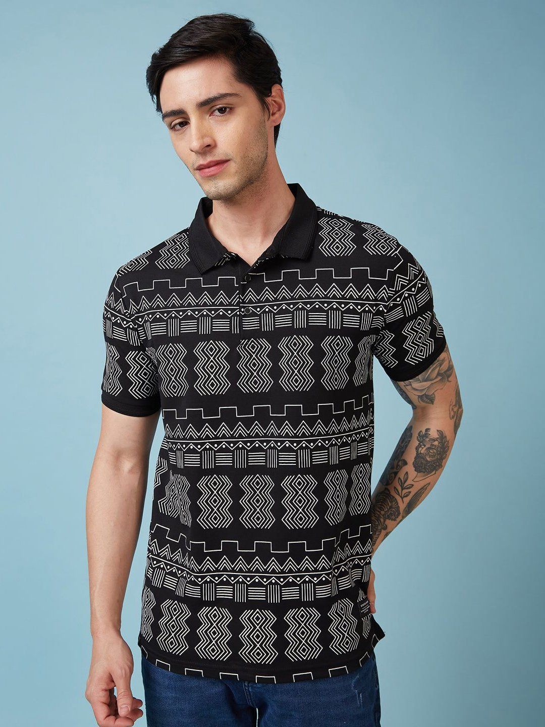 Status Quo Men Geometric Printed Polo Collar Regular Fit T-shirt