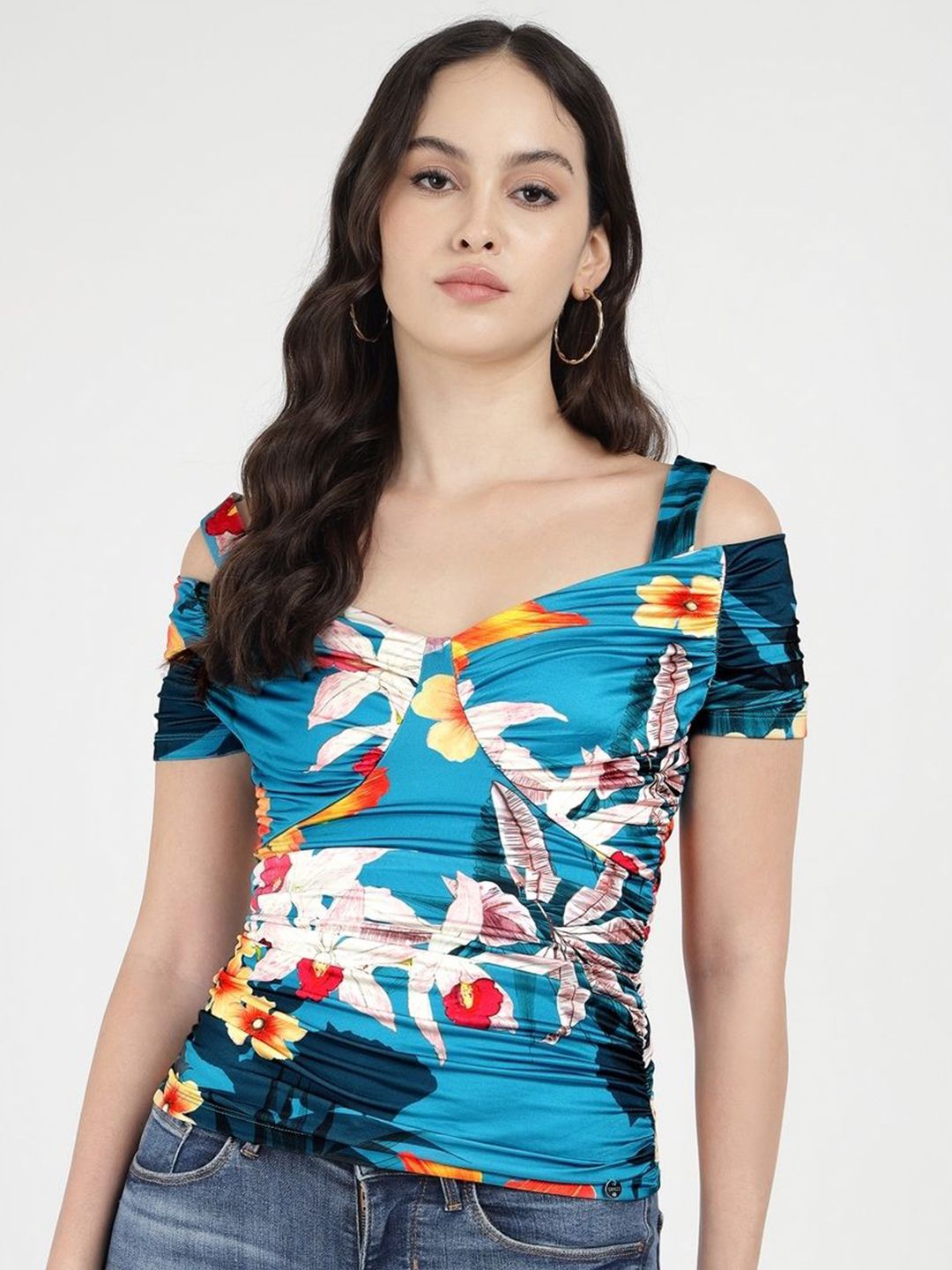 GUESS Floral Print Sweetheart Neck Cold-Shoulder Top