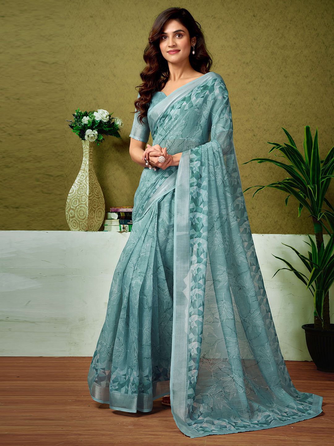 Sangria Tie & Dye Printed Pure Linen Ready To Wear Saree With Unstitched Blouse