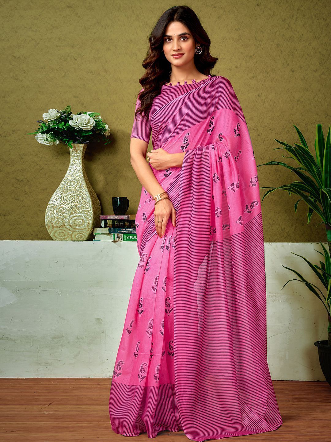Sangria Striped Printed Ready To Wear Saree With Unstitched Blouse